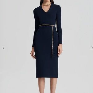 [$700] Scanlan Theodore Crepe Knit V Neck Navy Long Sleeve Dress. size Large
